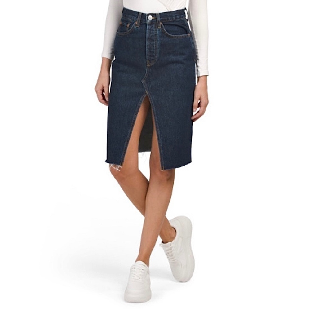 NWT RE/DONE 90s High Waist Front Slit Dark Denim Raw Fray Hem Midi Jean Skirt 26 - Picture 2 of 6